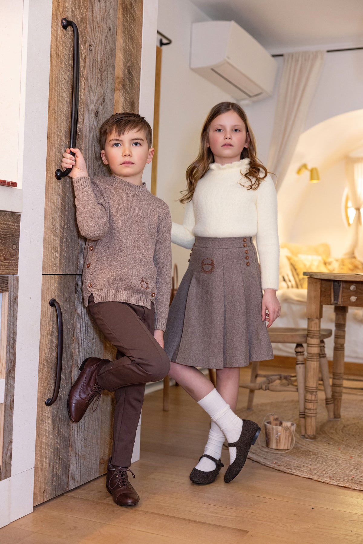 Beige Wool Logo Pleated Skirt & Mohair Sweater Set