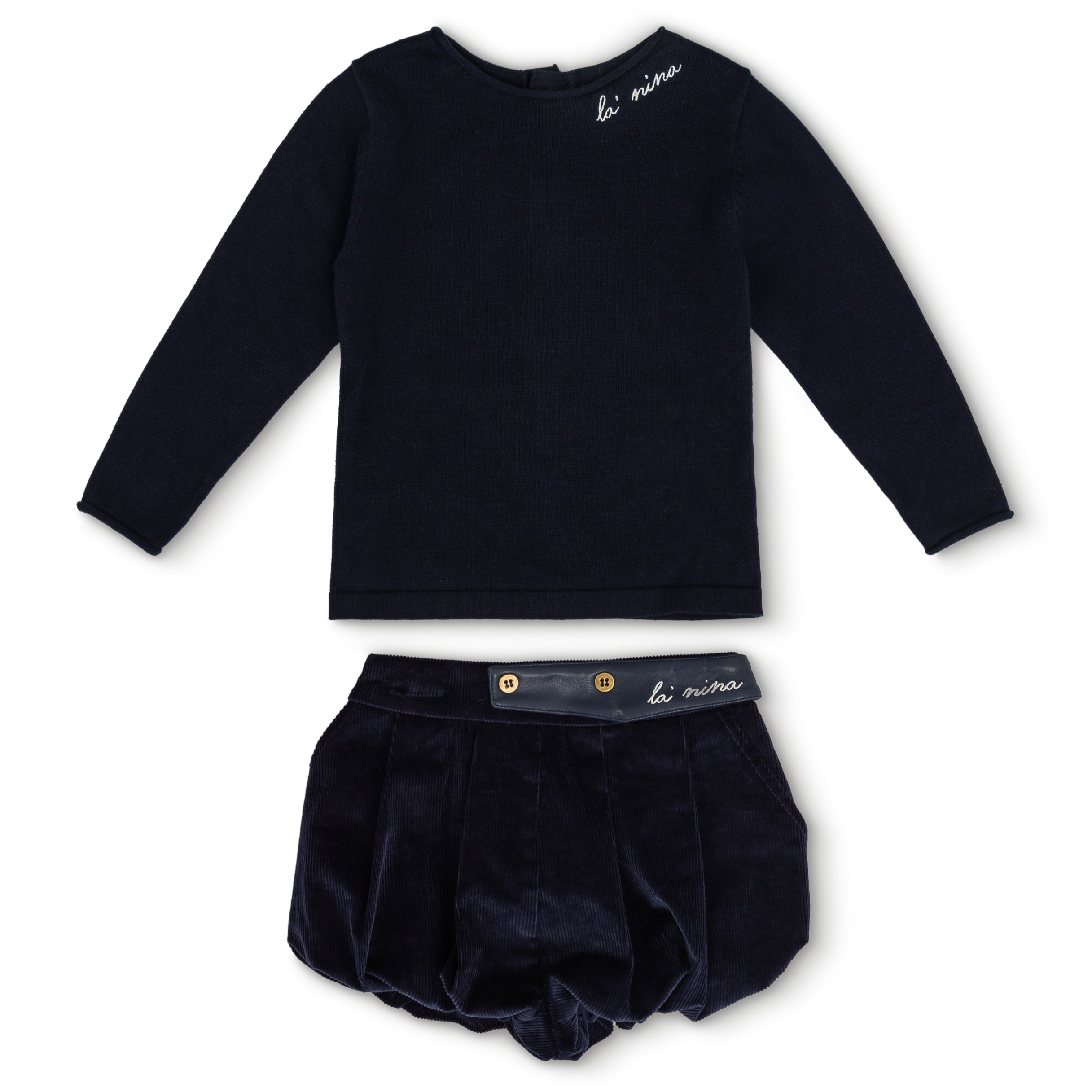 Leather Trim Navy Corduroy Bloomer & Logo Sweater