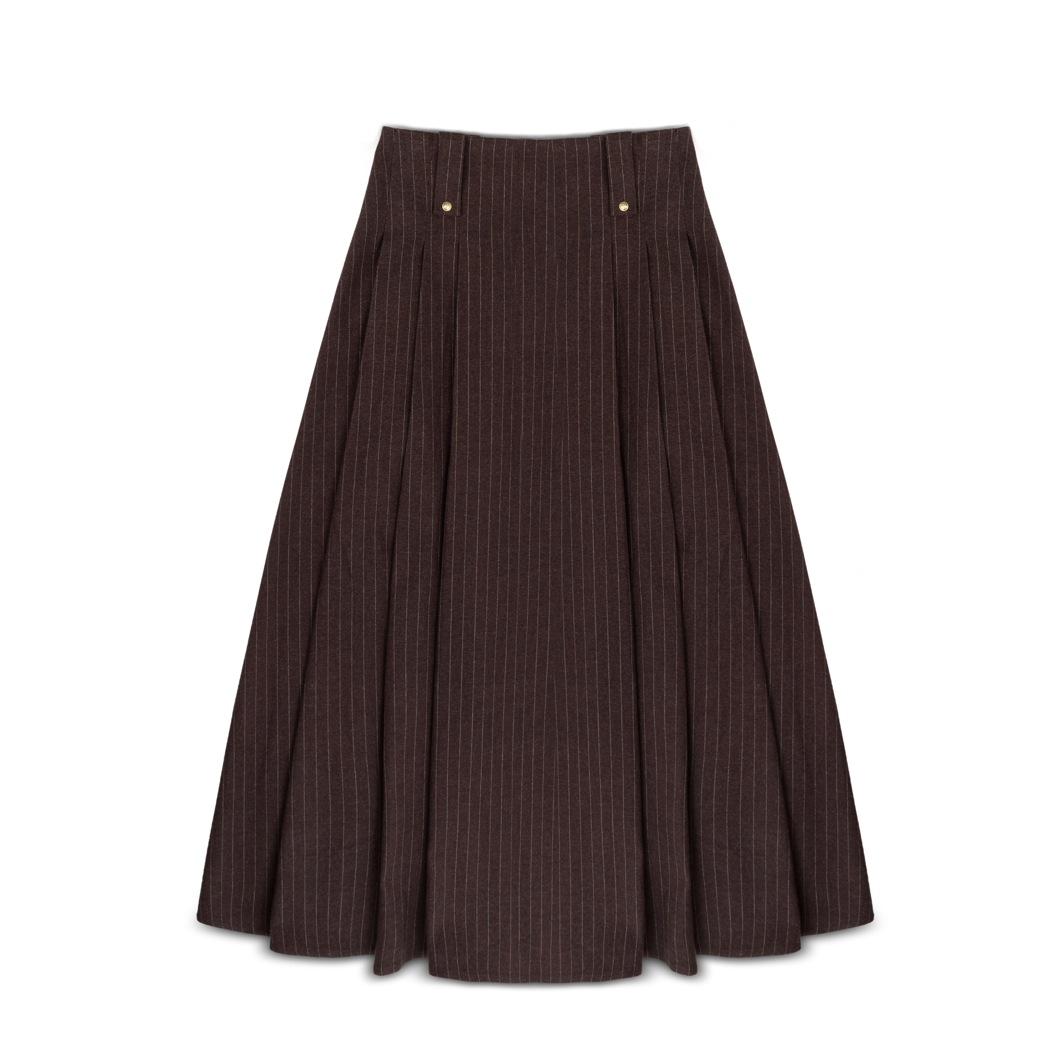 Teen Brown Wool Pinstripe Button Detail Skirt