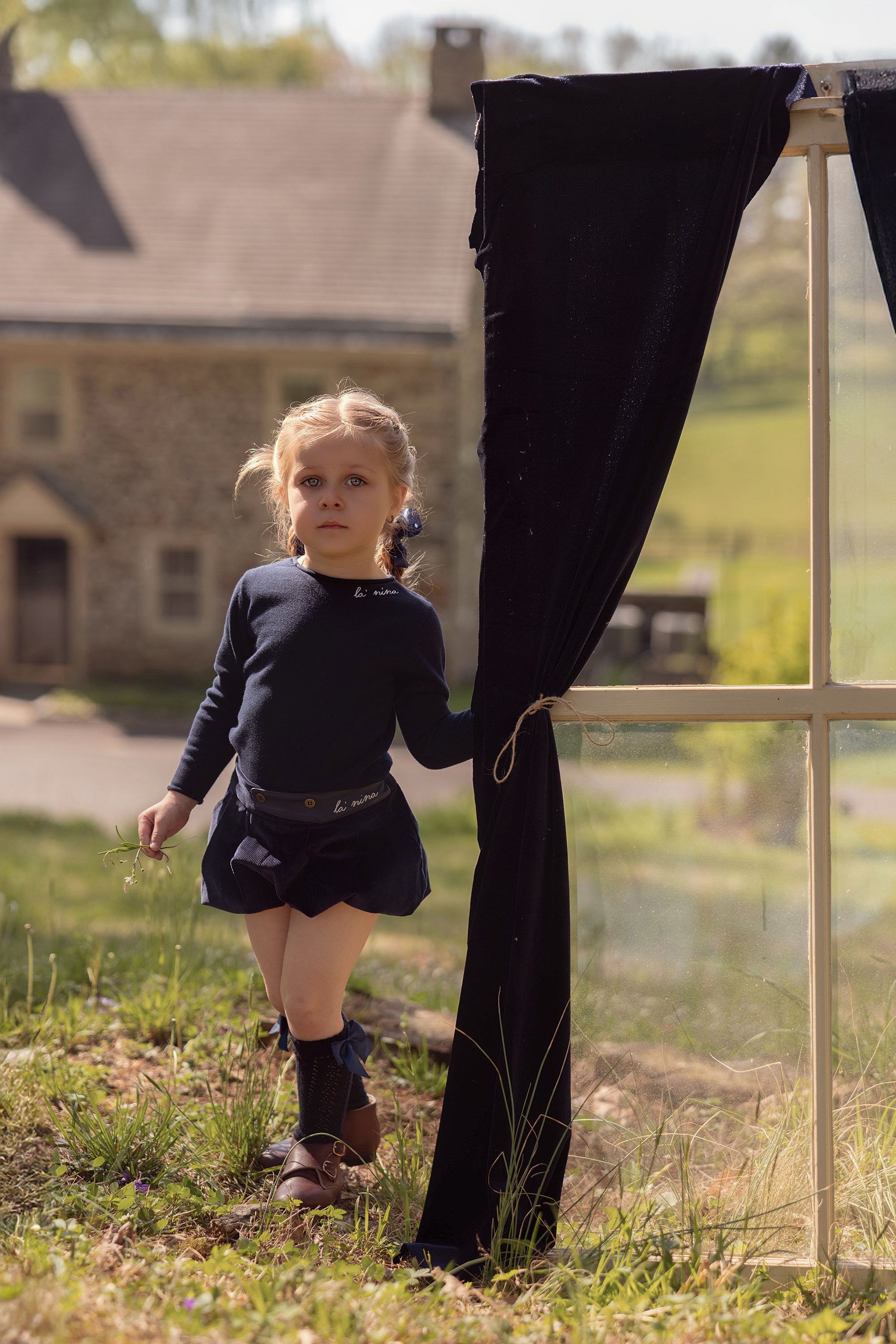Leather Trim Navy Corduroy Bloomer & Logo Sweater