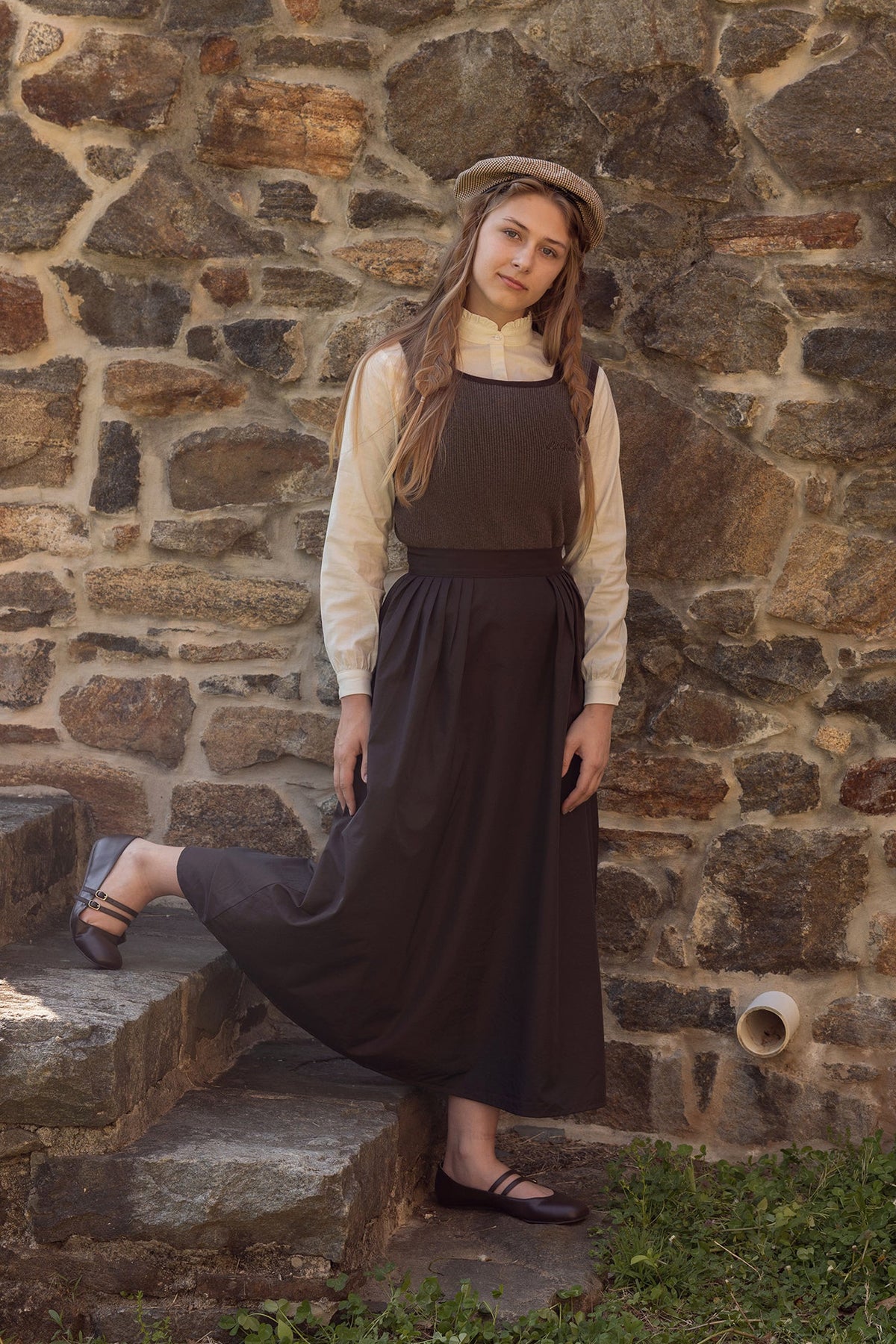 Teen Brown Taffeta Pleat Detail Midi Skirt