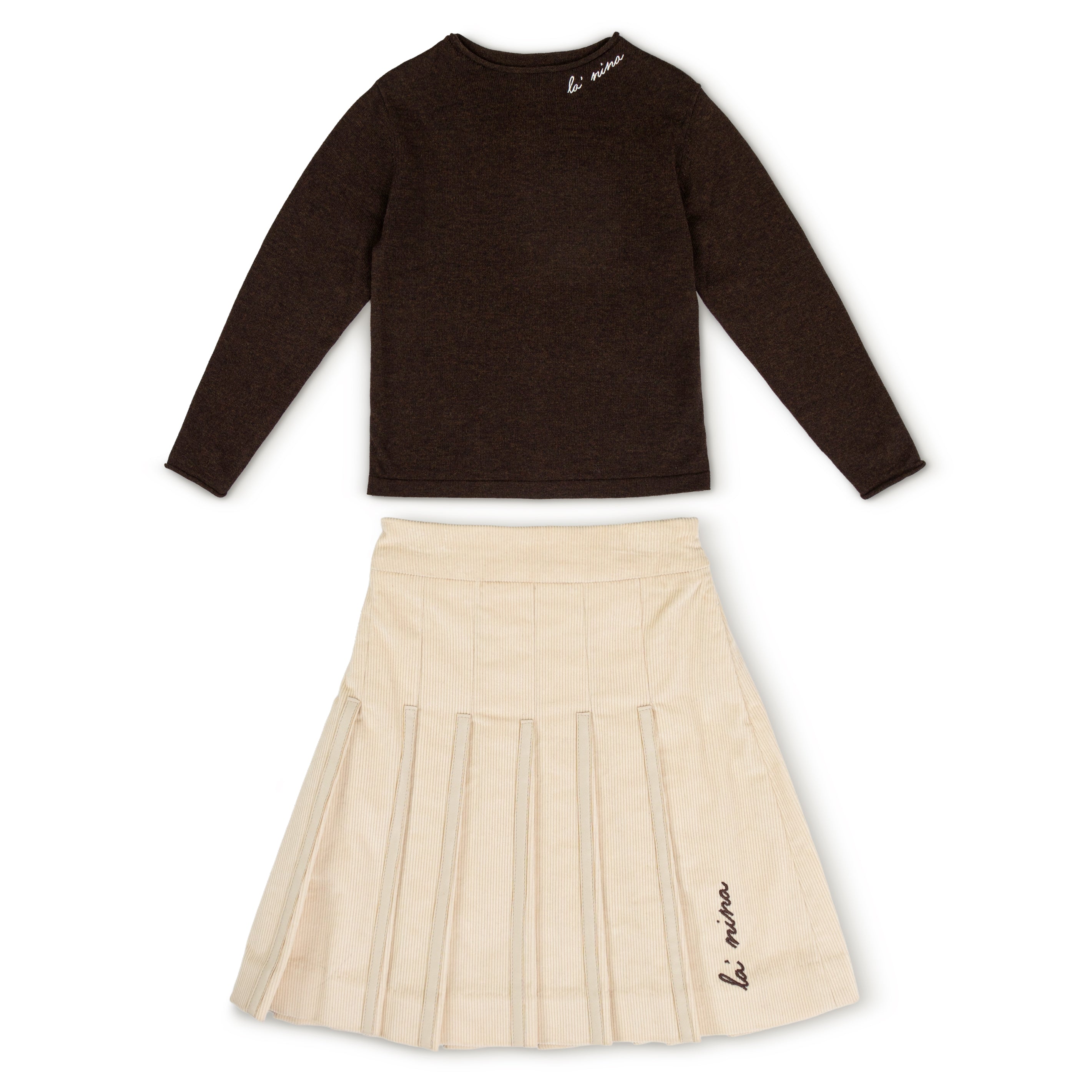 Leather Trim Cream Corduroy Skirt & Logo Sweater