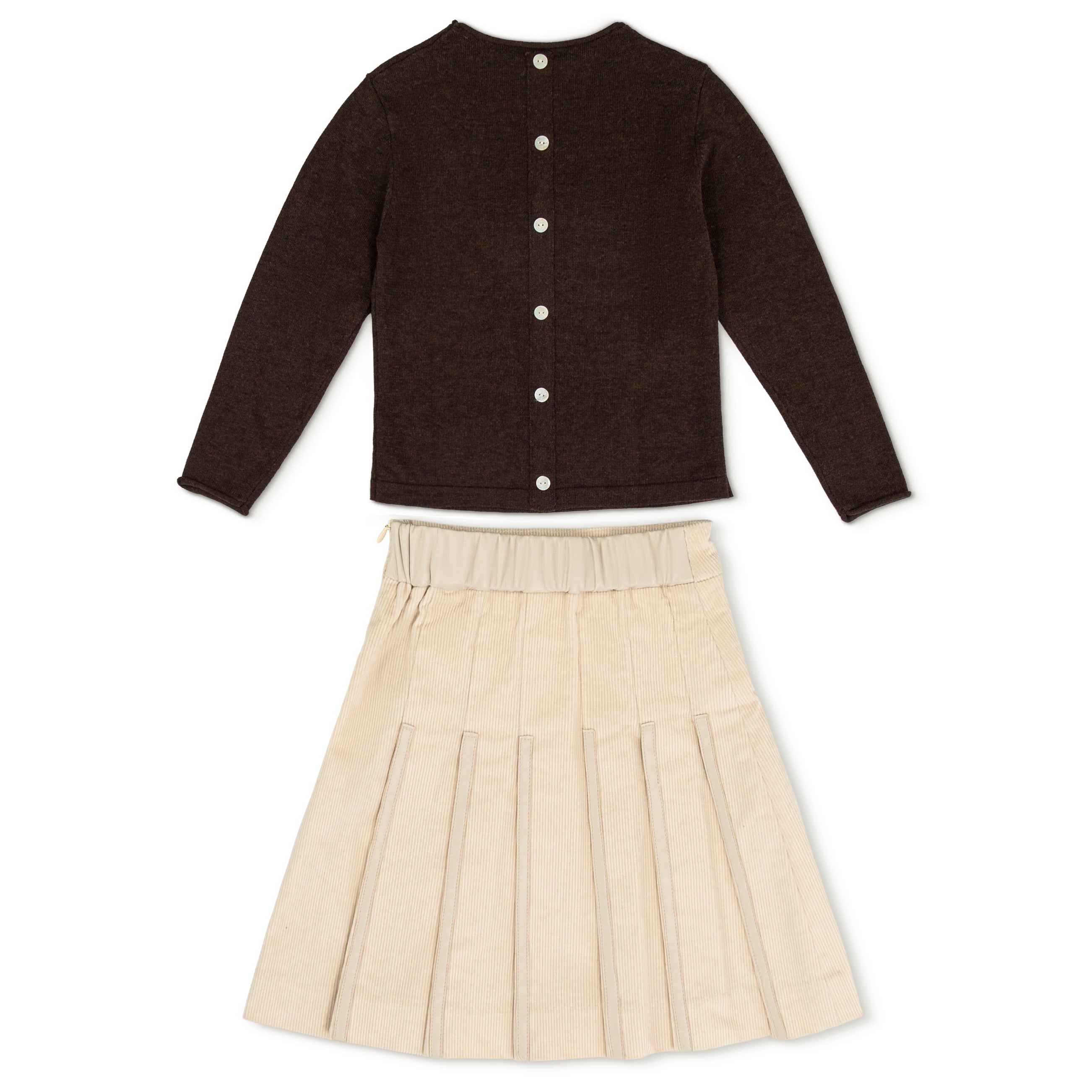 Leather Trim Cream Corduroy Skirt & Logo Sweater