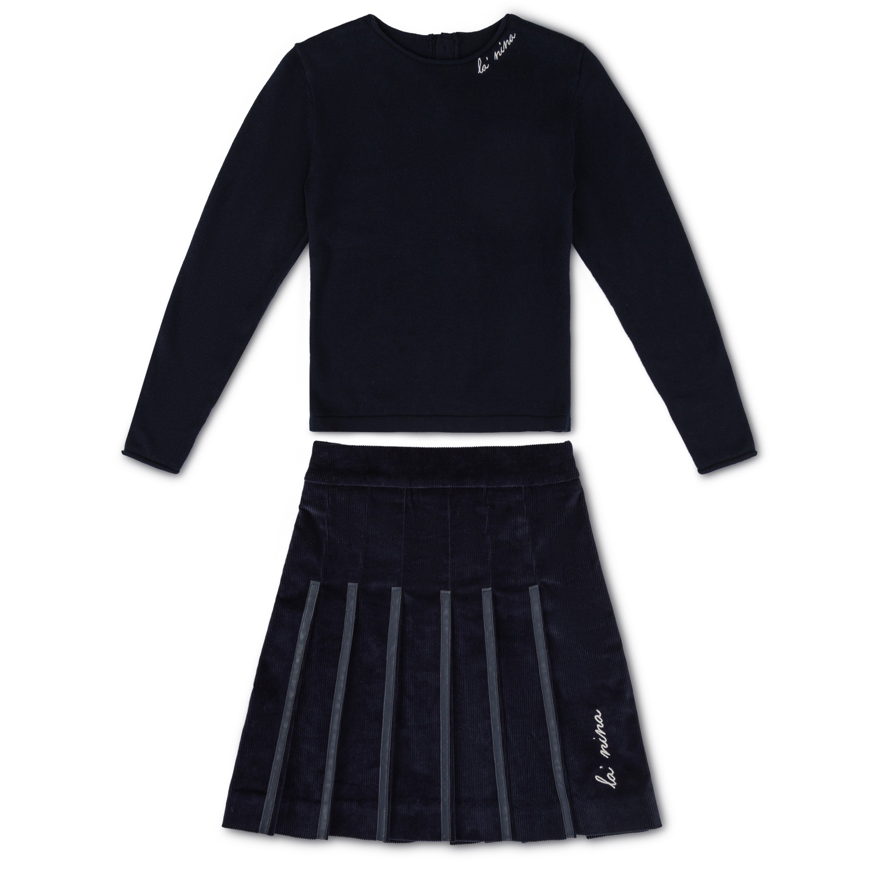 Leather Trim Navy Corduroy Skirt & Logo Sweater