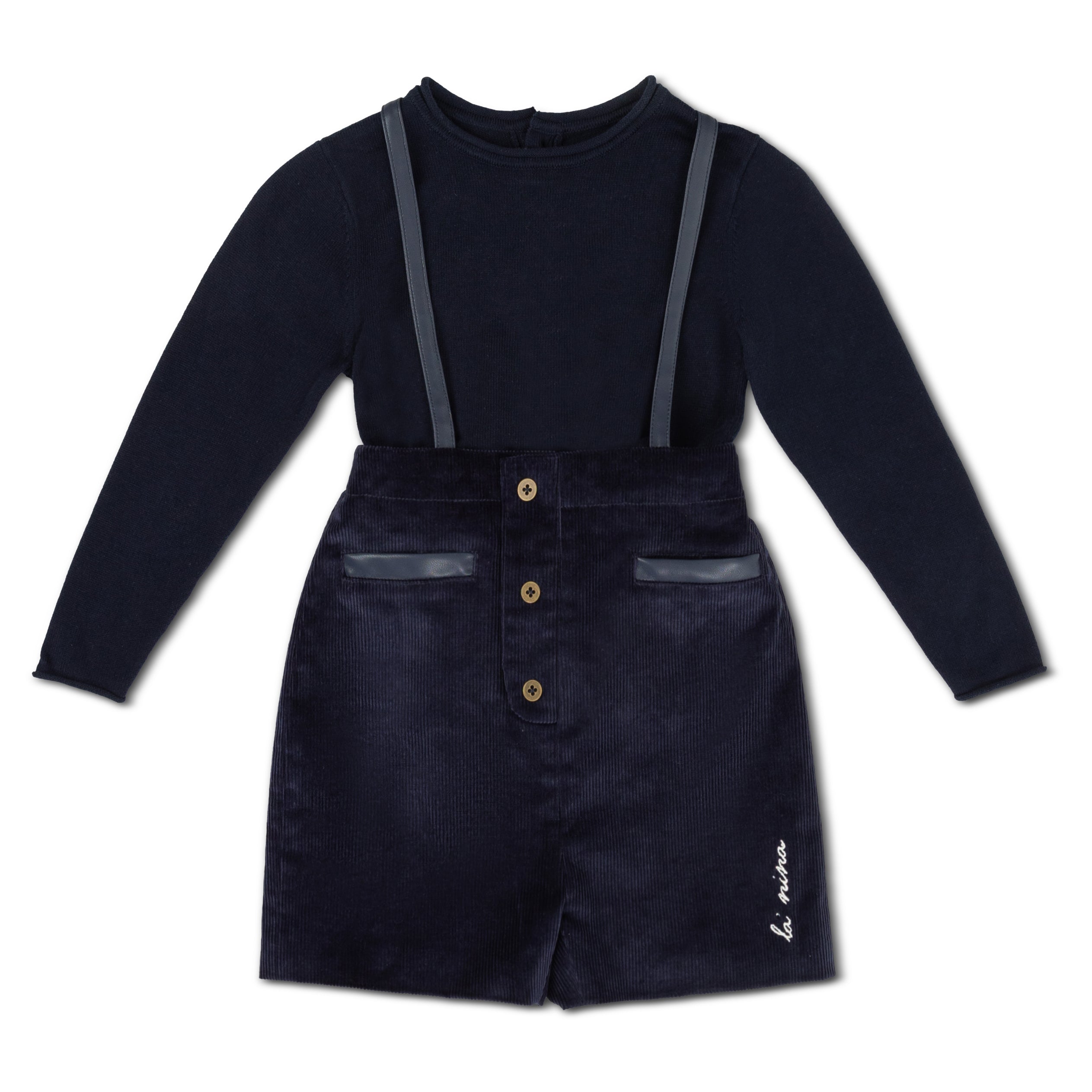 Leather Trim Navy Corduroy Buildup & Logo Sweater (NO VEST)