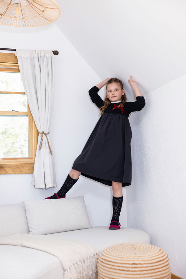 Knit Taffeta Embellished Bow Dress