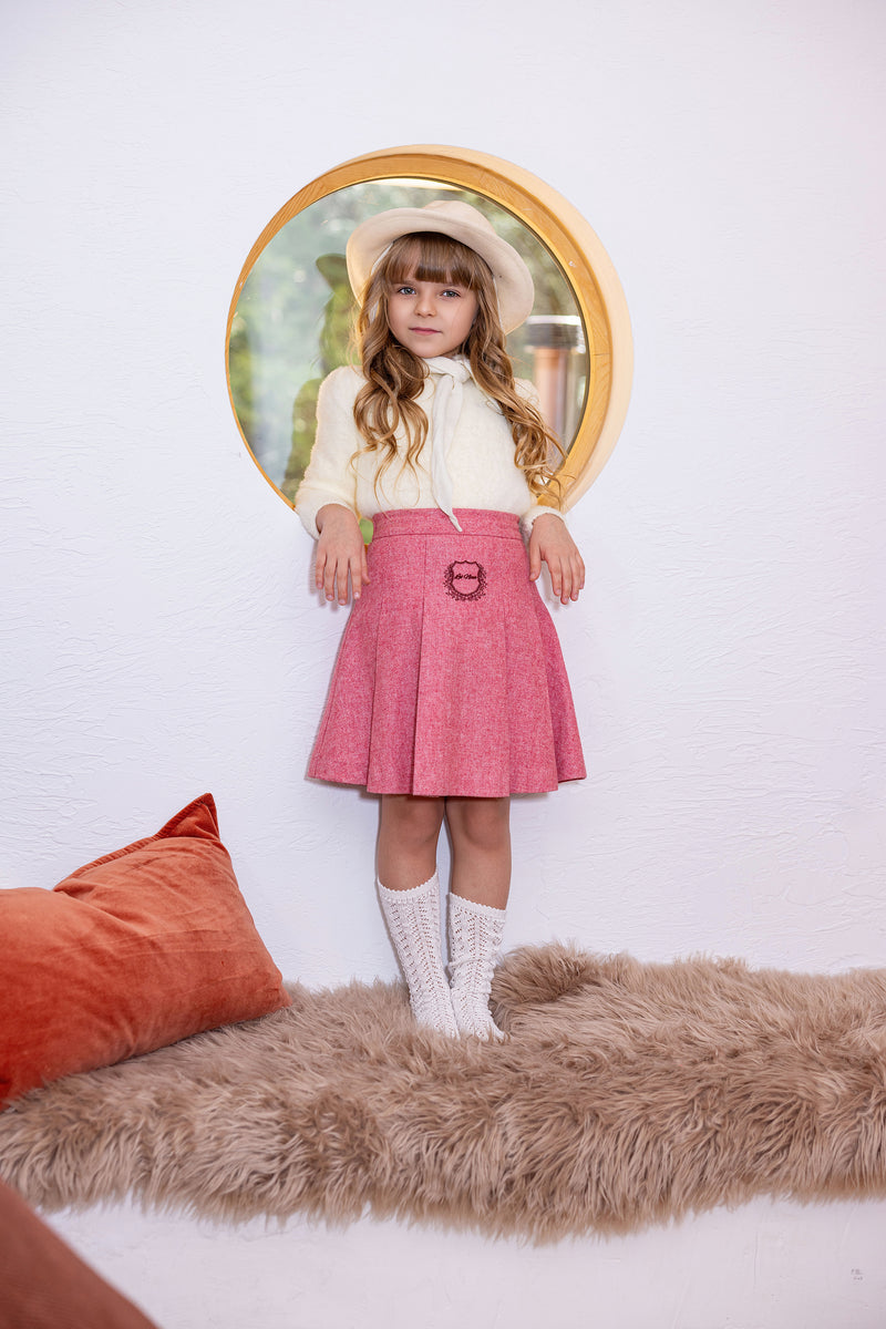 Pink Wool Logo Pleated Skirt & Mohair Sweater Set