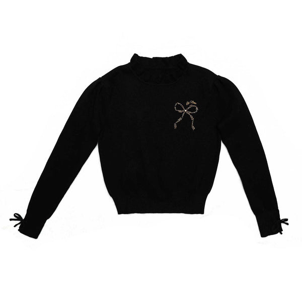 Teen Black Beaded Bow Sweater