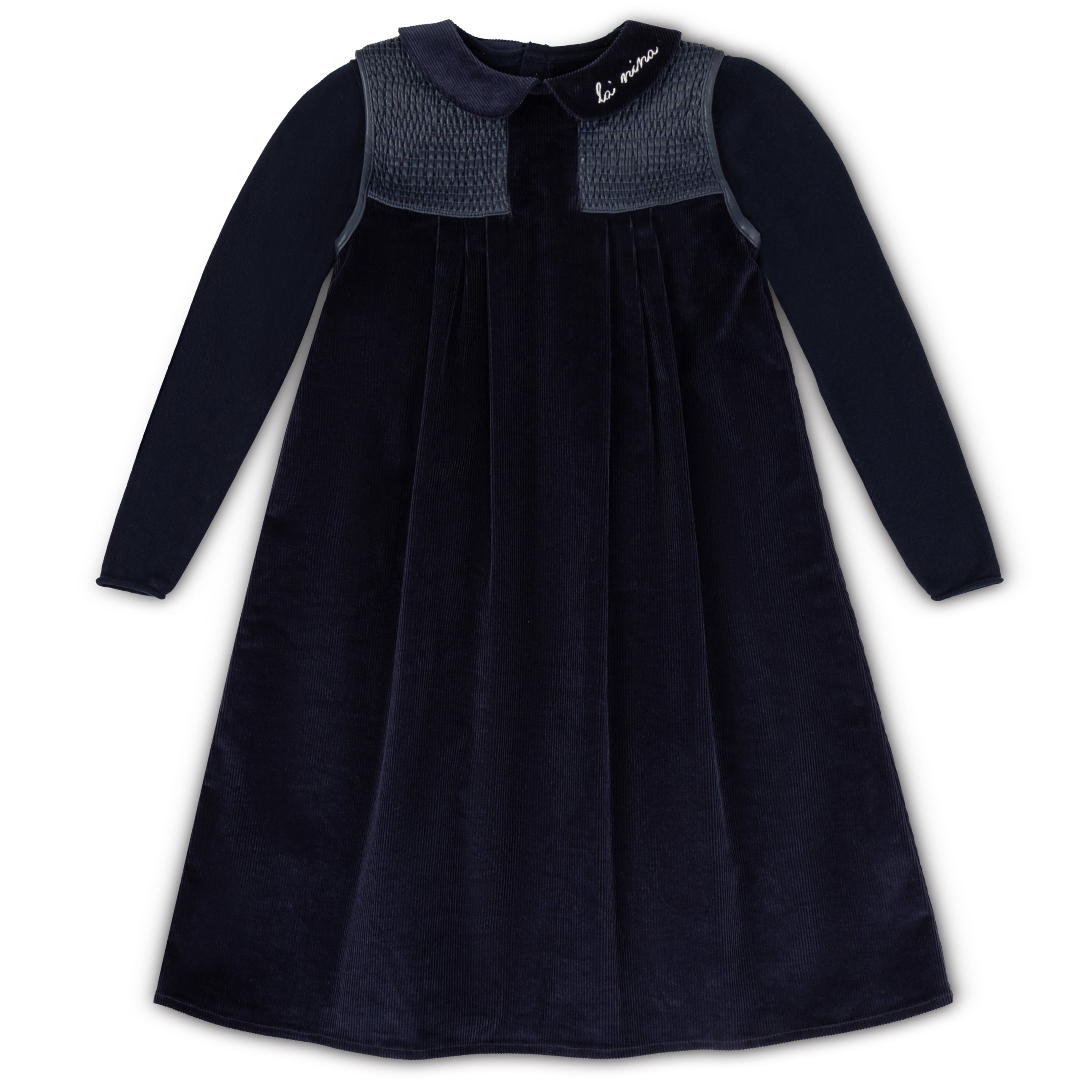 Leather Trim Navy Corduroy Dress & Logo Sweater