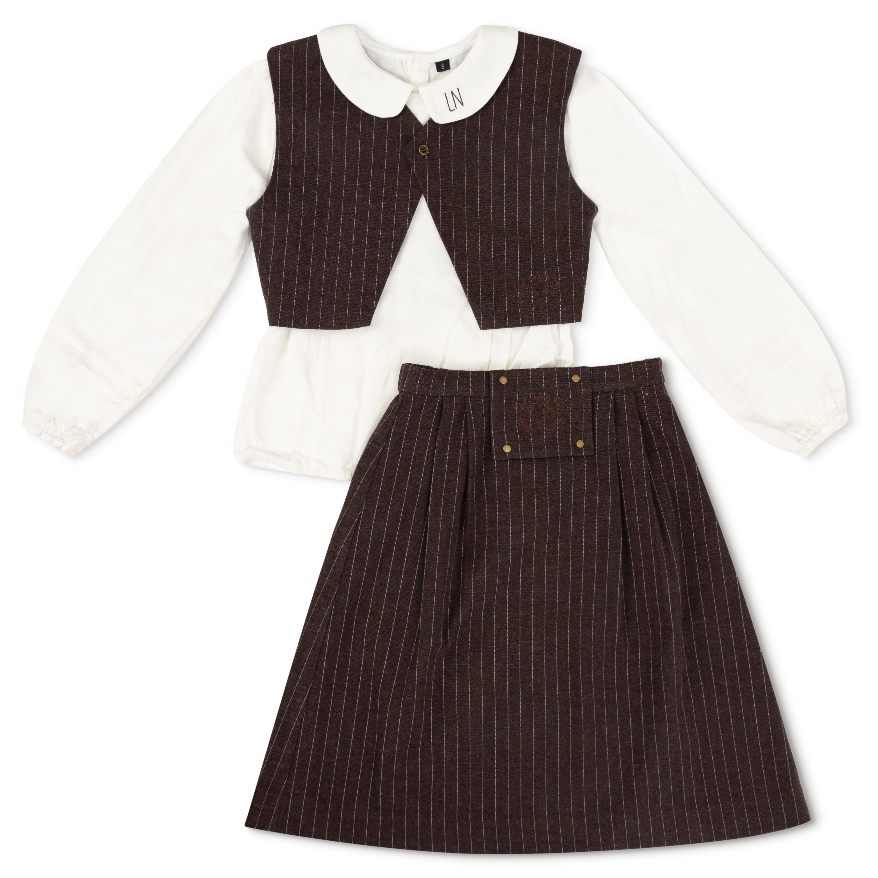 Brown Wool Pinstripe Skirt & Vest With Vintage Logo Shirt