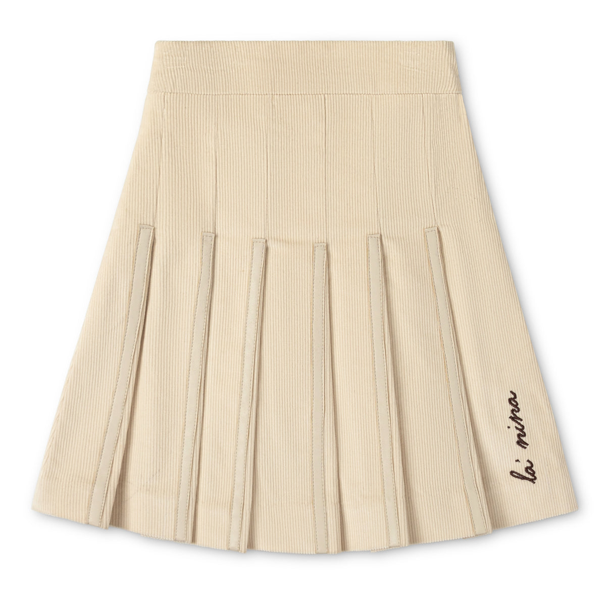 Leather Trim Cream Corduroy Skirt & Logo Sweater