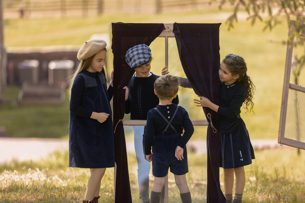 Leather Trim Navy Corduroy Dress & Logo Sweater