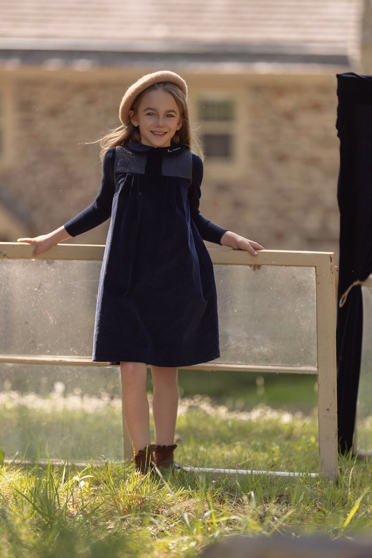 Leather Trim Navy Corduroy Dress & Logo Sweater