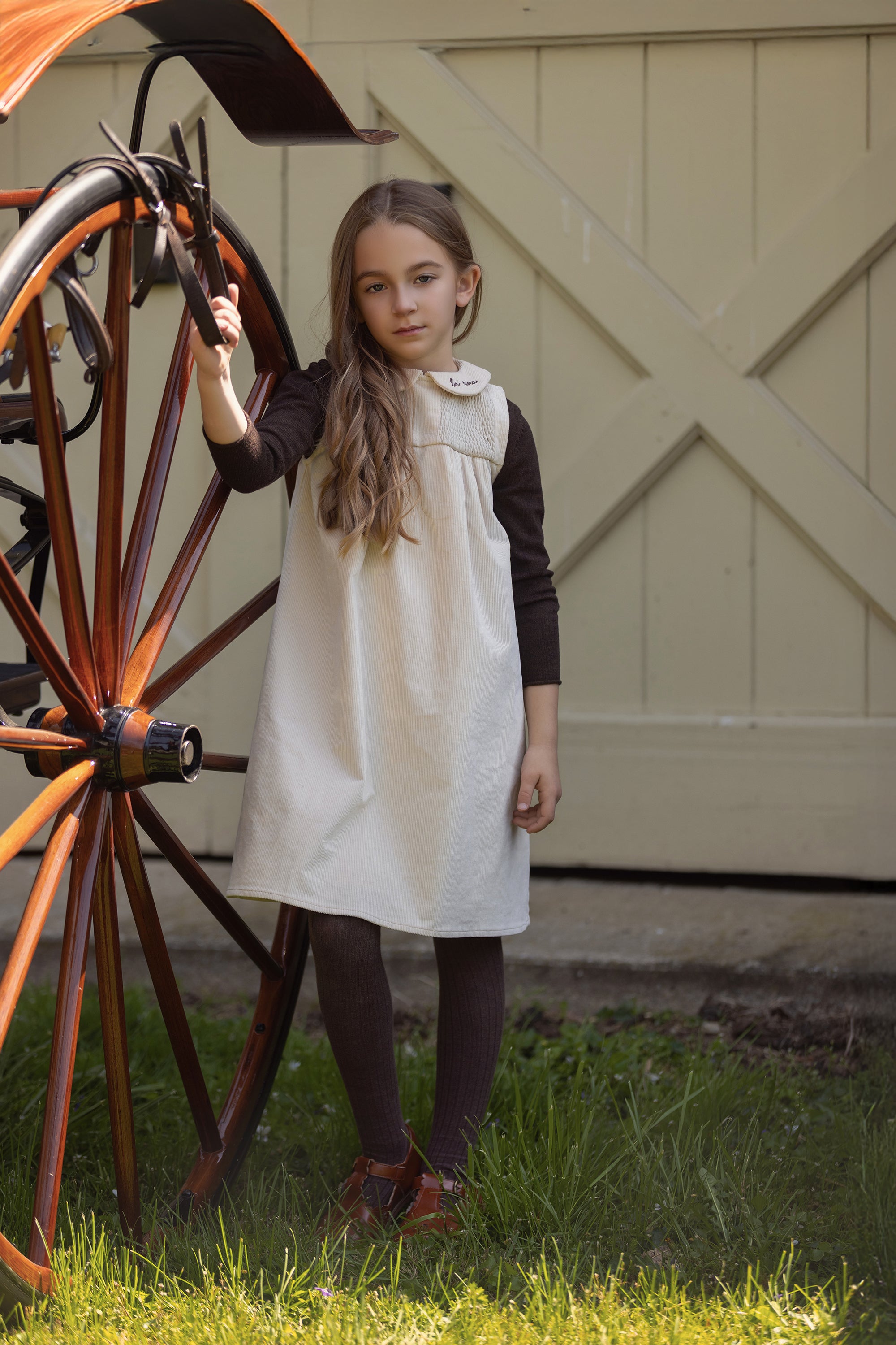 Leather Trim Cream Corduroy Dress & Logo Sweater