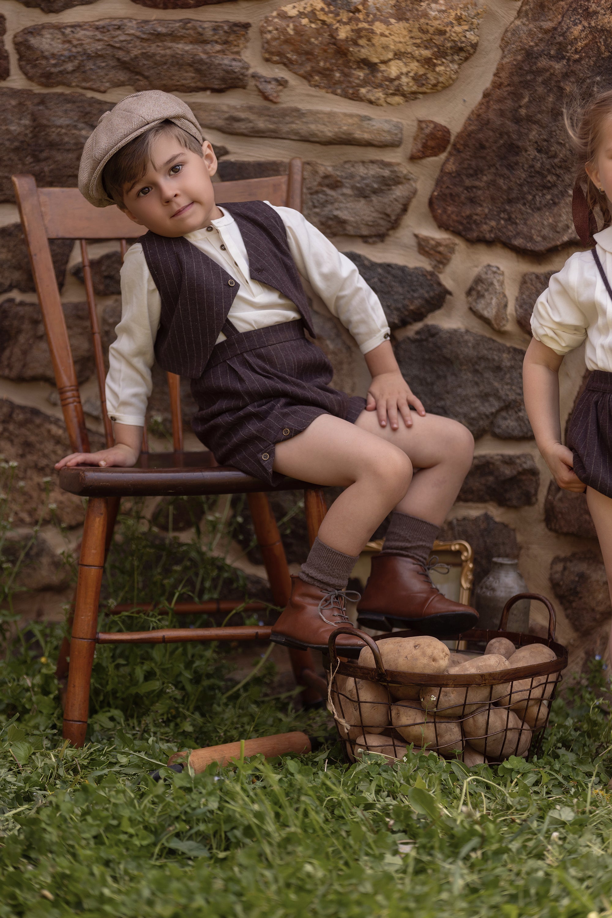 Boy's Brown Pinstripe Wool Buildup & Vest With Vintage Shirt