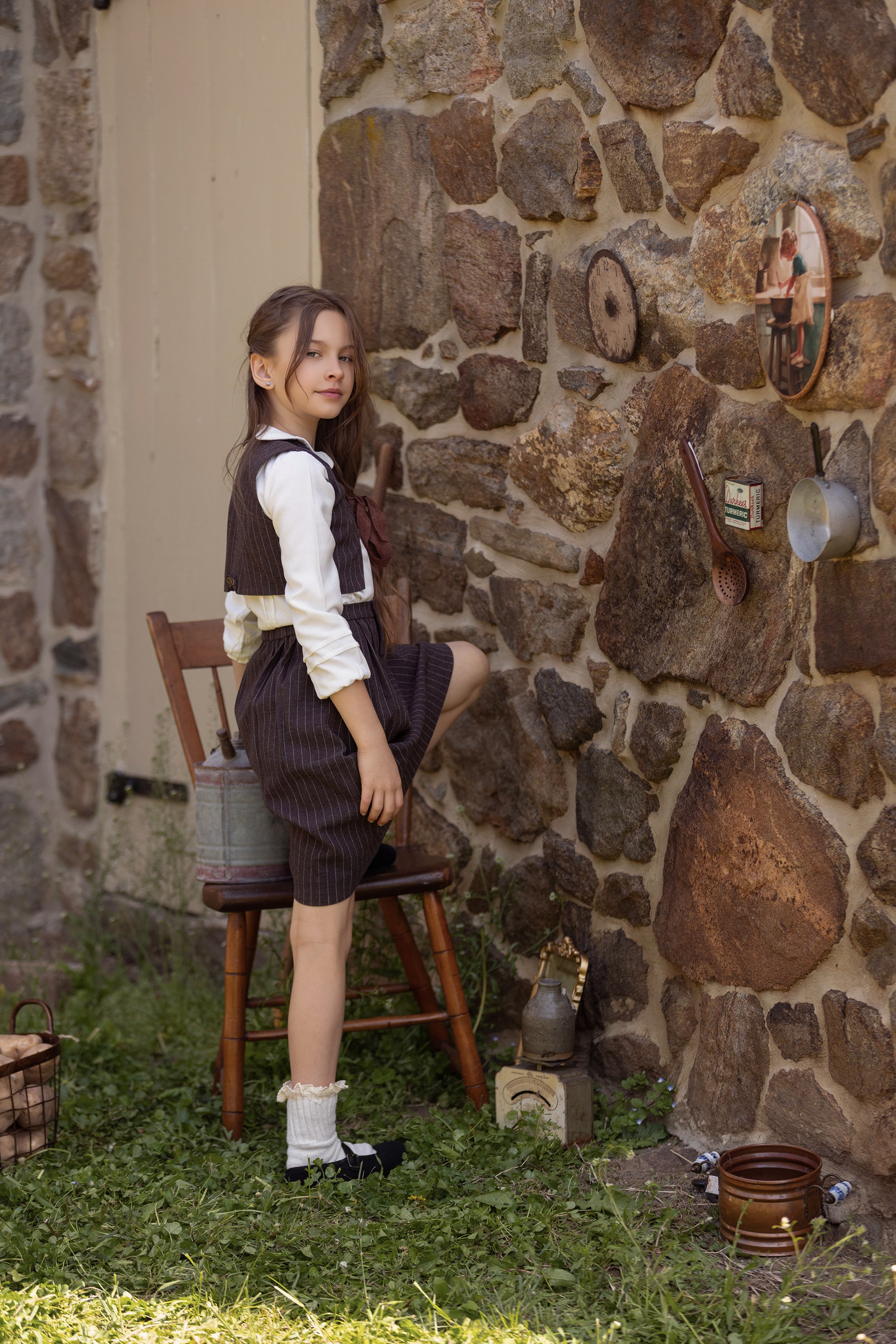 Brown Wool Pinstripe Skirt & Vest With Vintage Logo Shirt