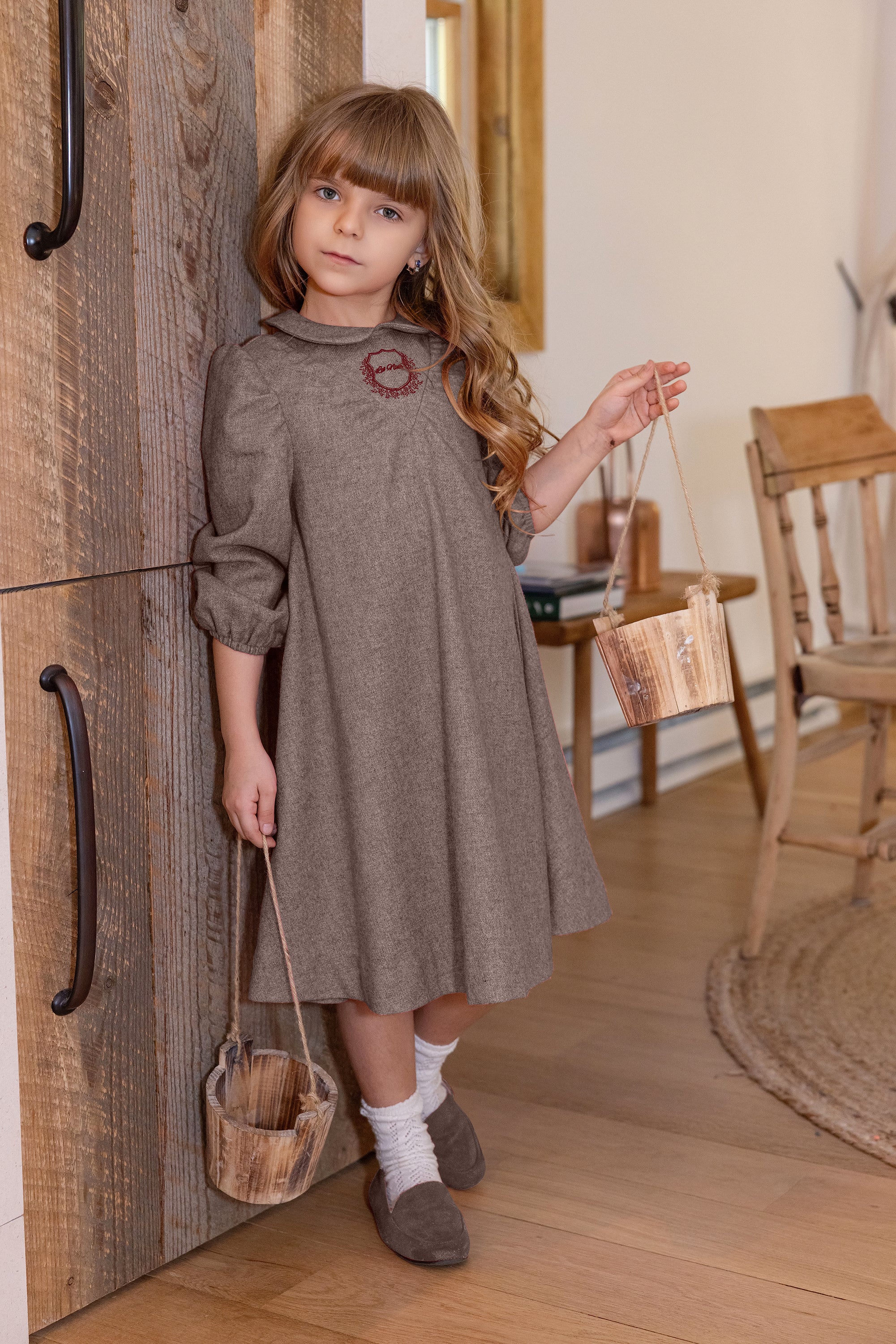 Wool Beige Logo Collar Dress