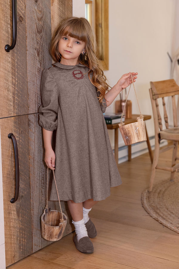 Wool Beige Logo Collar Dress