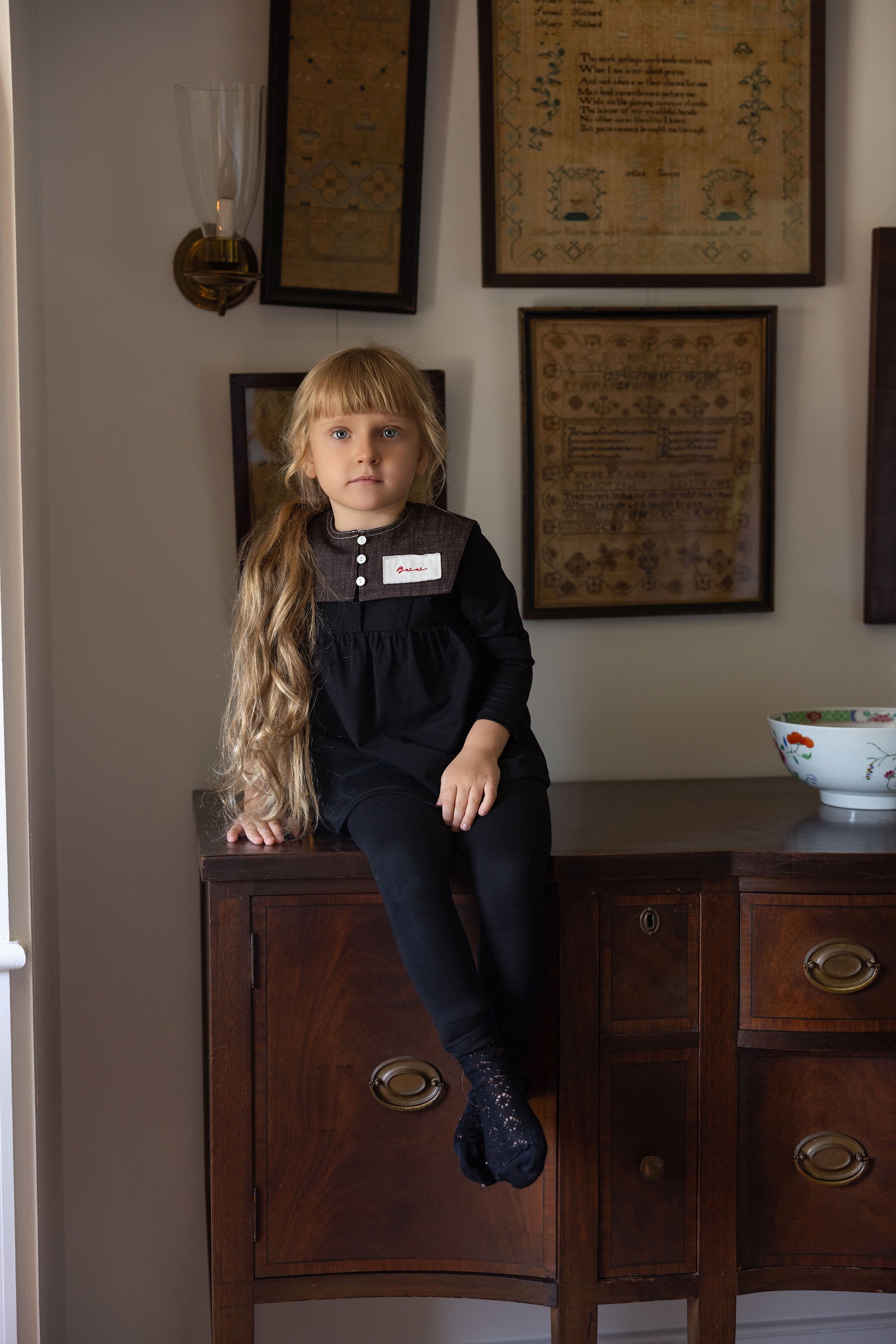 Brown Collar Logo Patch Girls Two-Piece