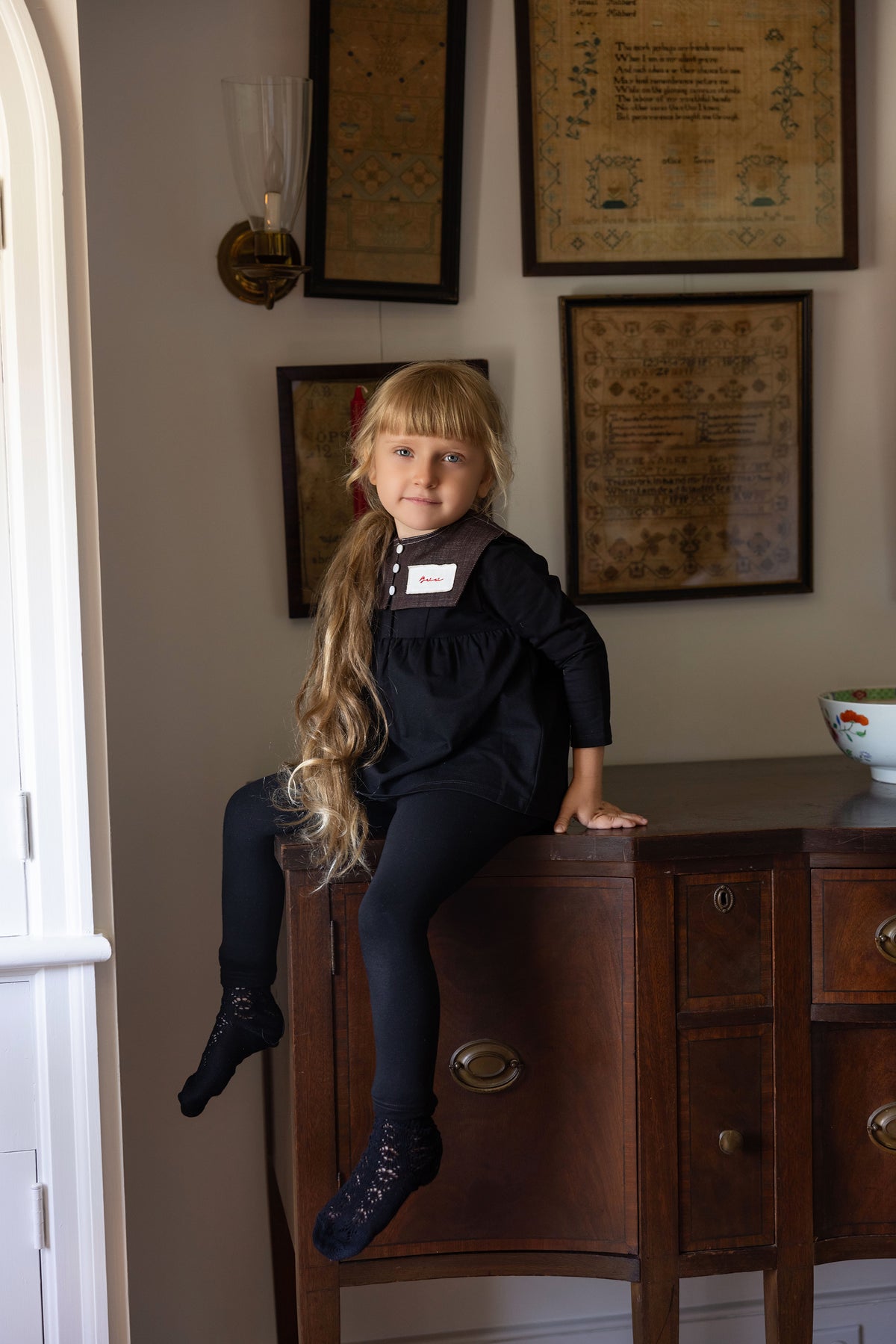 Brown Collar Logo Patch Girls Two-Piece