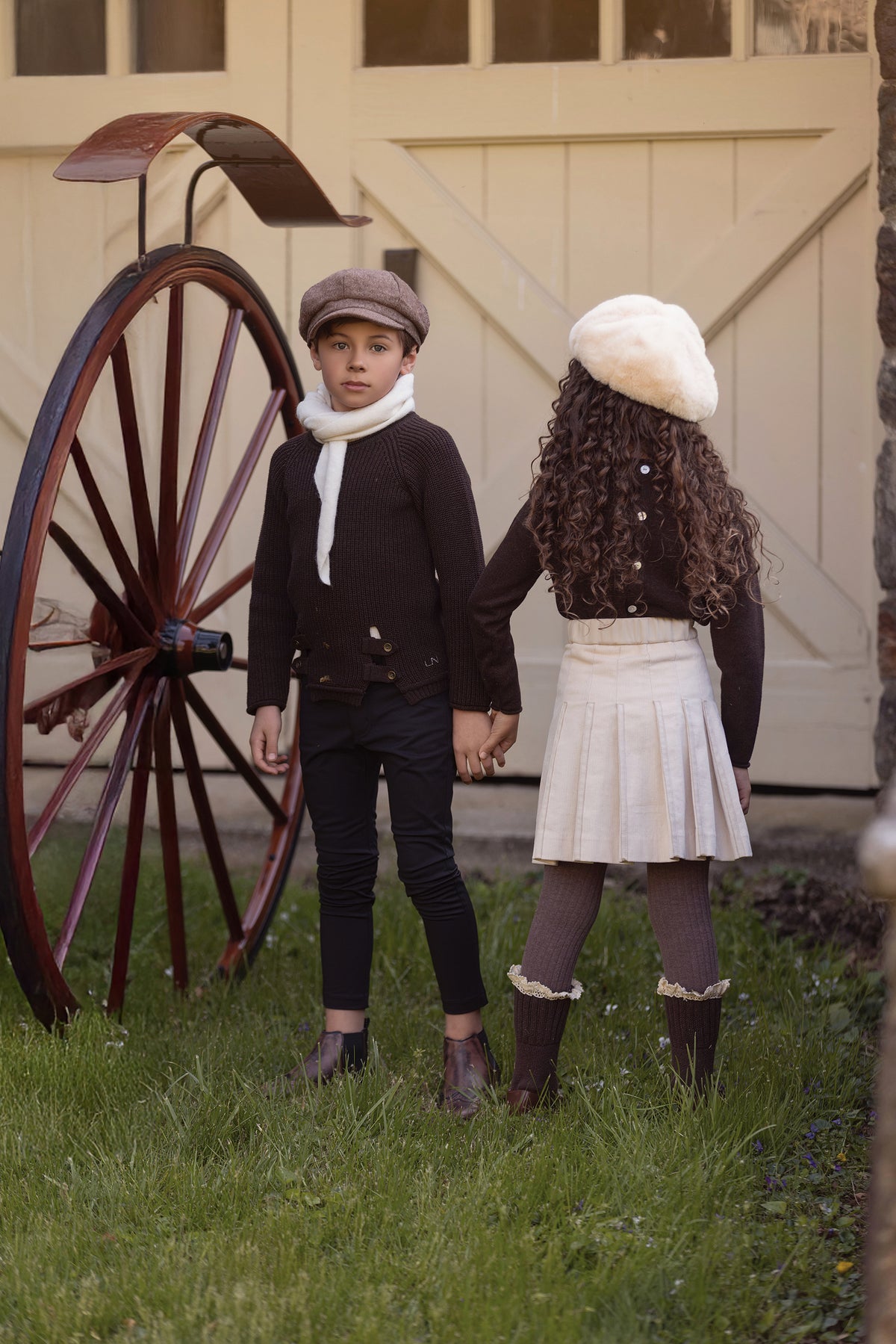 Leather Trim Cream Corduroy Skirt & Logo Sweater