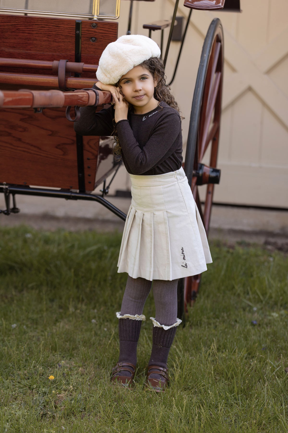 Leather Trim Cream Corduroy Skirt & Logo Sweater