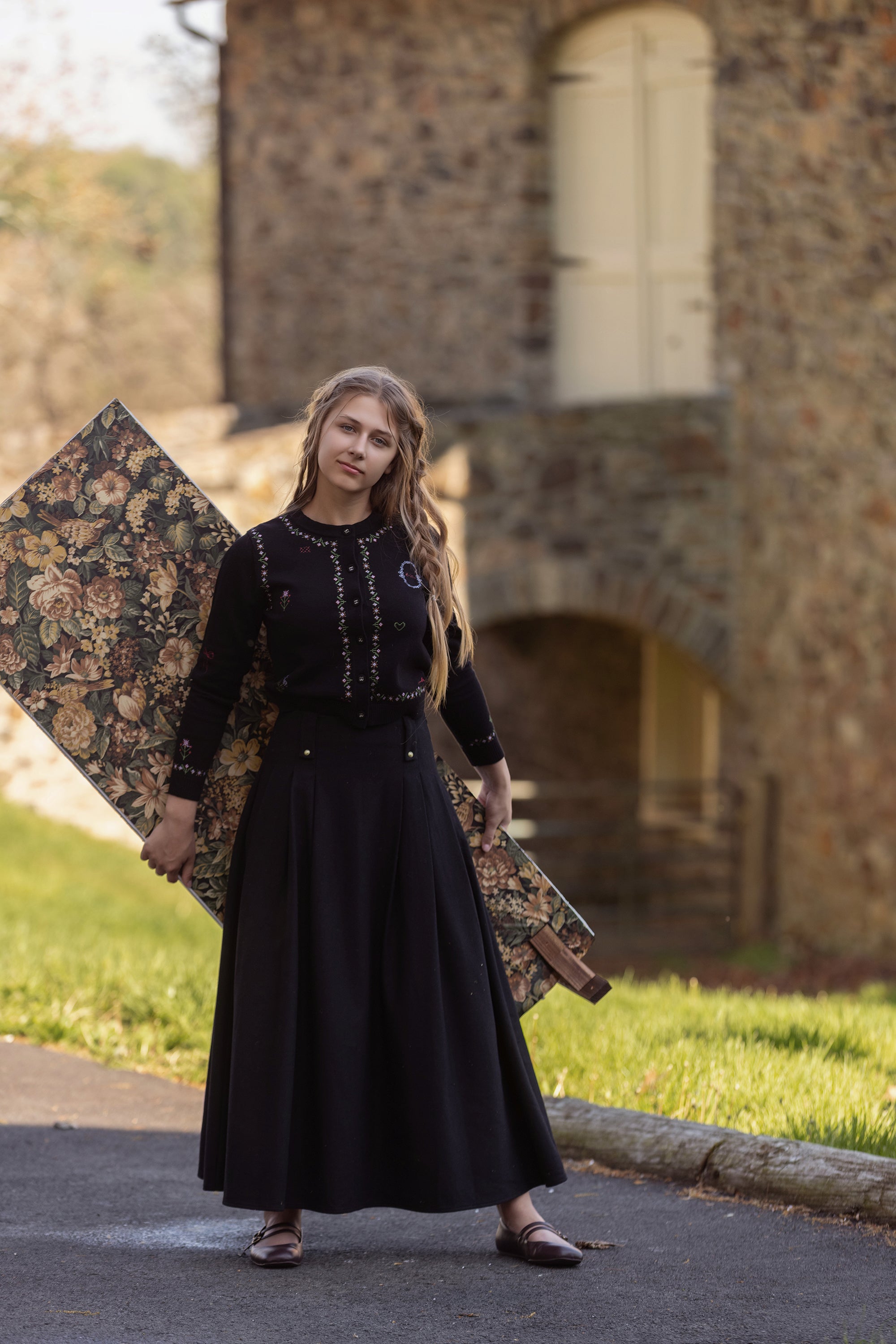 Teen Black Wool Button Detail Pleated Skirt