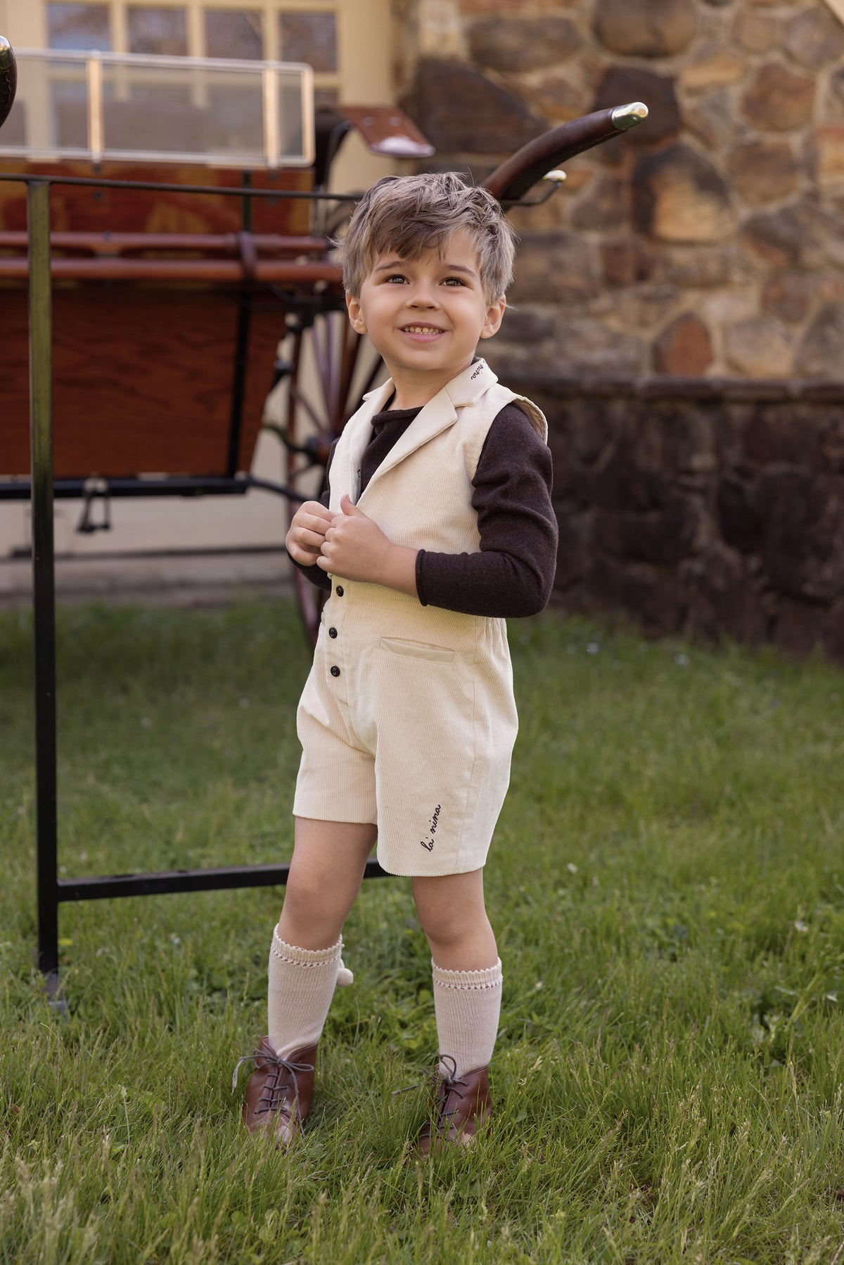 Leather Trim Cream Corduroy Buildup & Vest With Logo Sweater