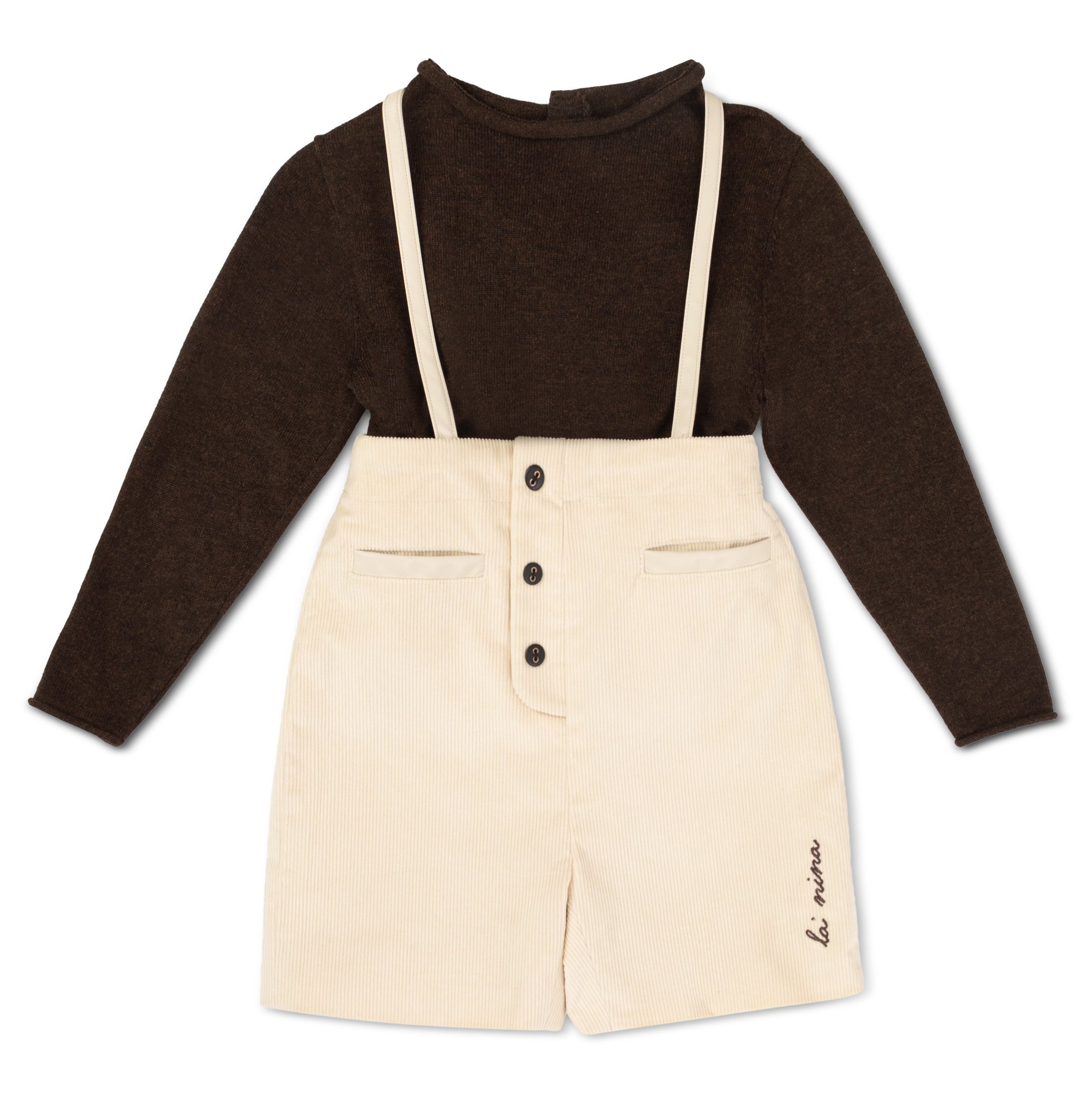 Leather Trim Cream Corduroy Buildup & Logo Sweater (NO VEST)