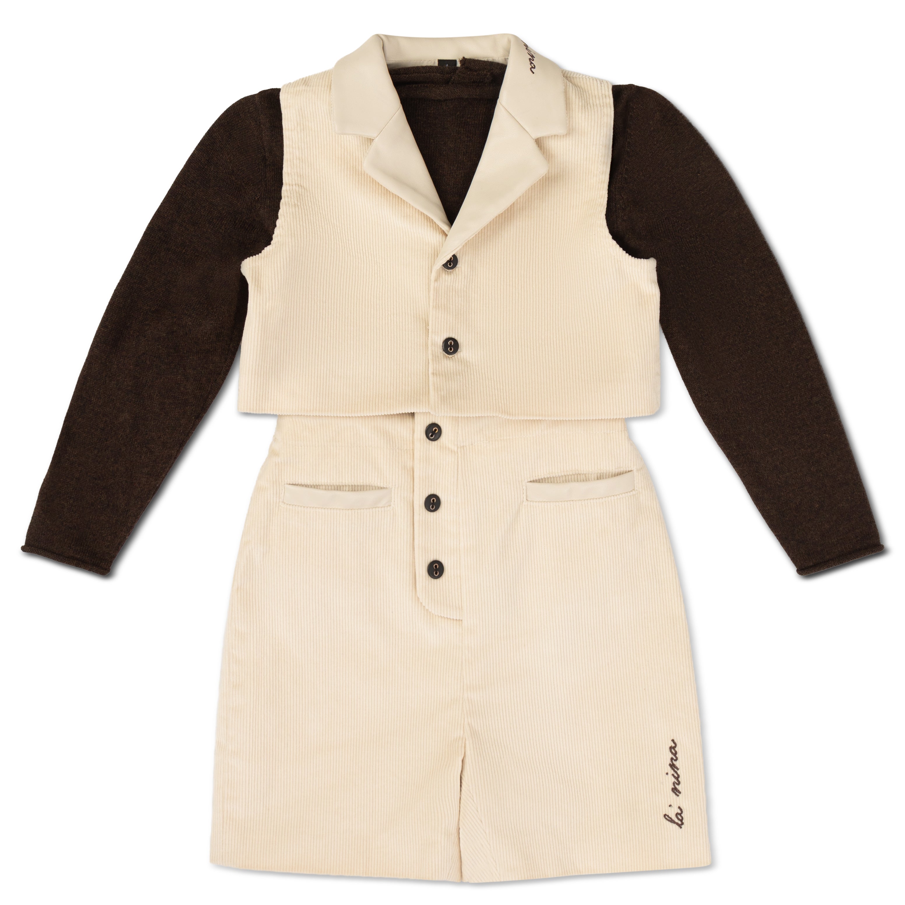 Leather Trim Cream Corduroy Buildup & Vest With Logo Sweater
