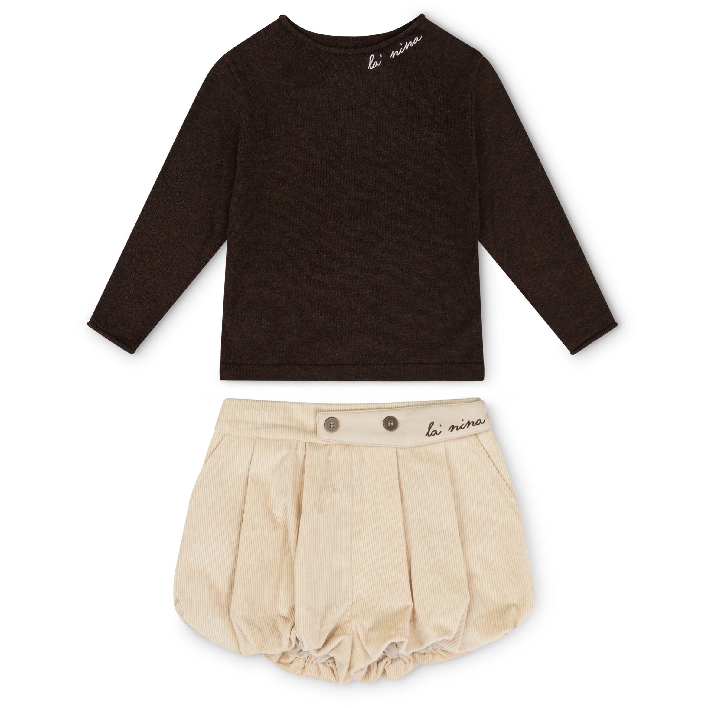Leather Trim Cream Corduroy Bloomer & Logo Sweater