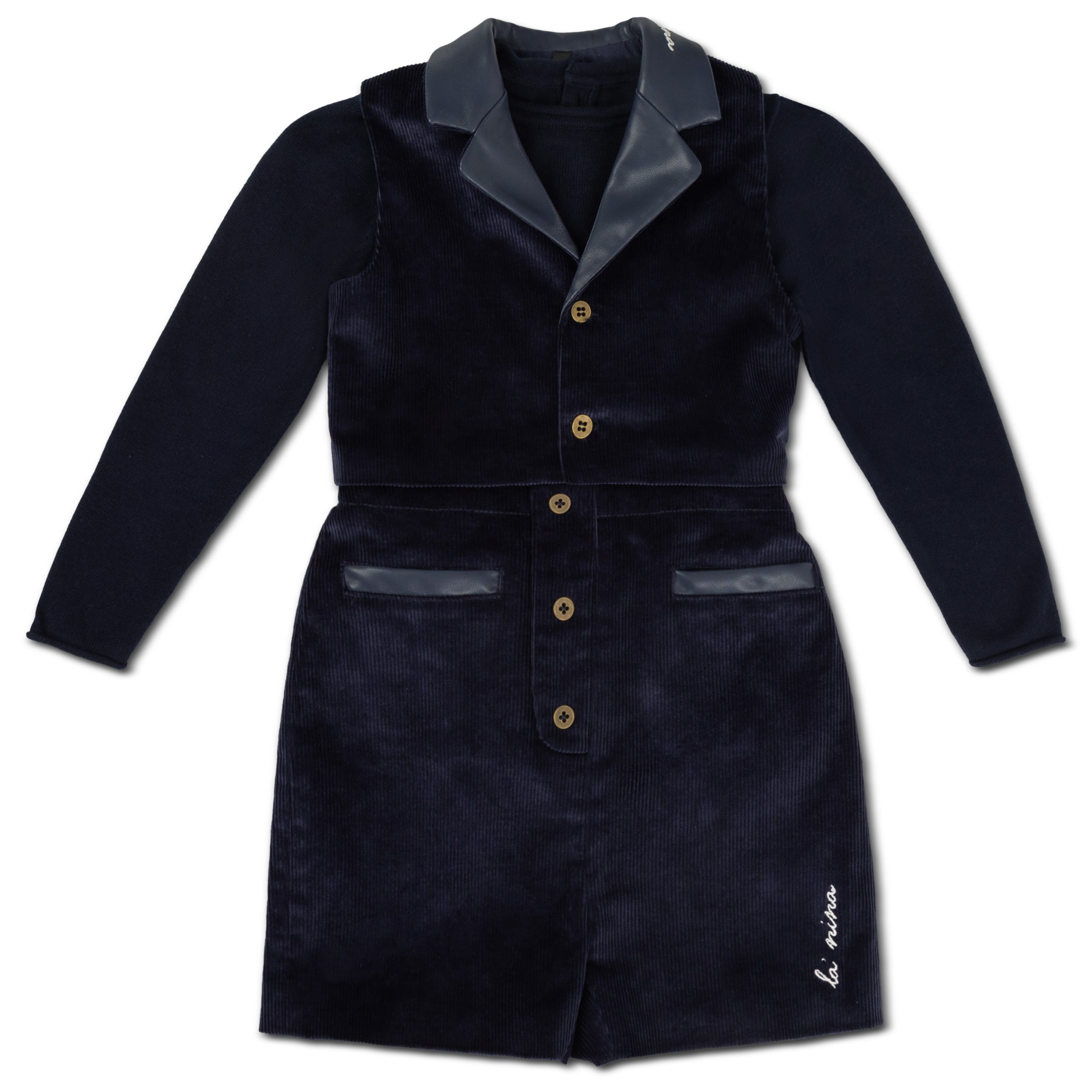 Leather Trim Navy Corduroy Buildup & Vest With Logo Sweater