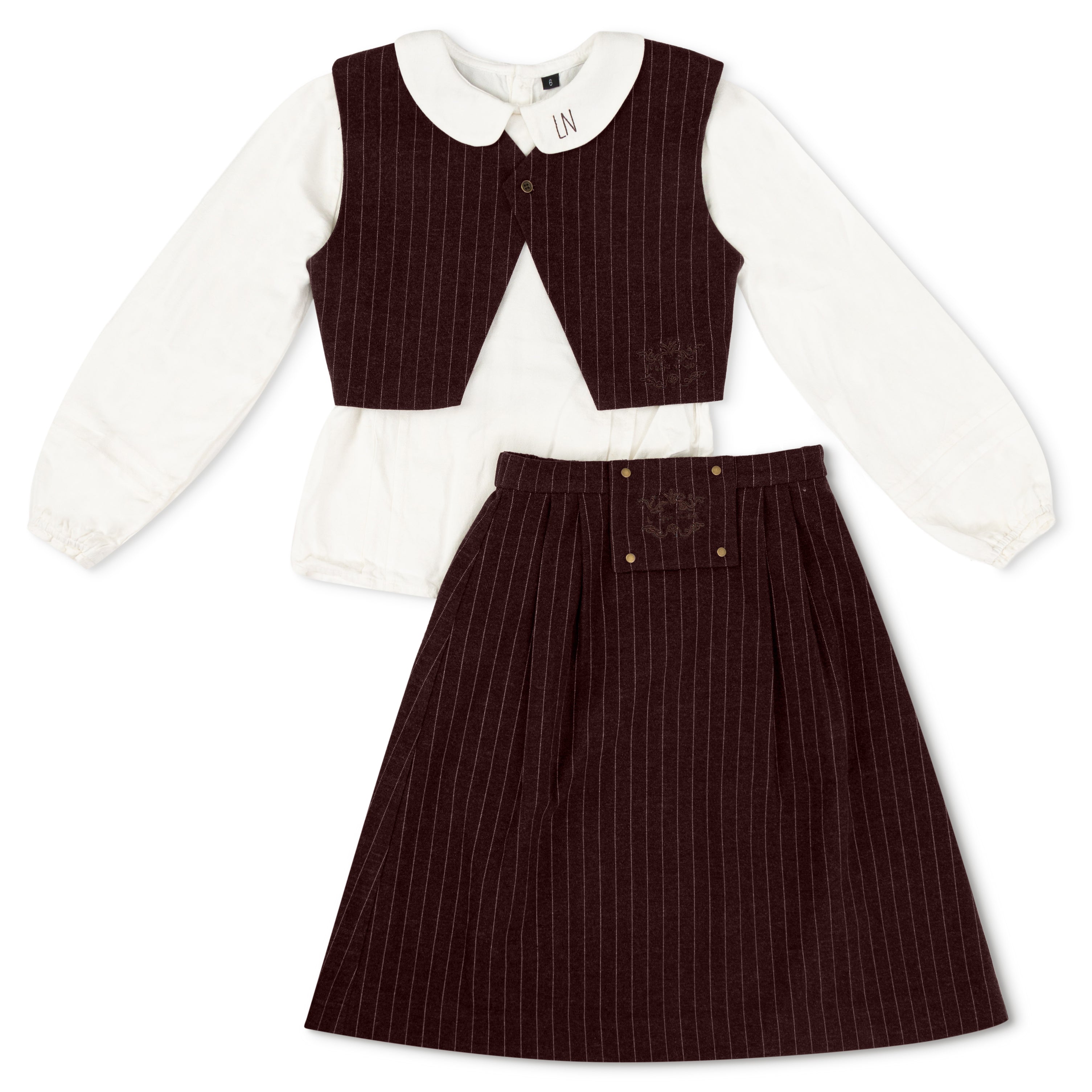 Burgundy Wool Pinstripe Skirt & Vest With Vintage Logo Shirt
