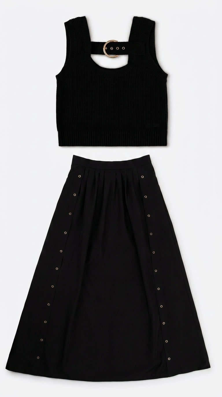Teen Black Buckle Knit Vest & Skirt (No Shirt)