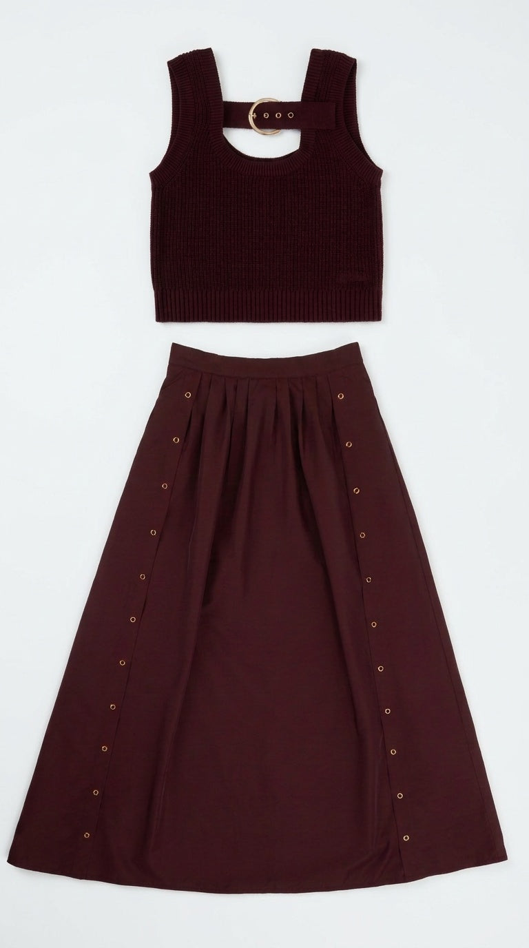 Teen Burgundy Buckle Knit Vest & Skirt (No Shirt)